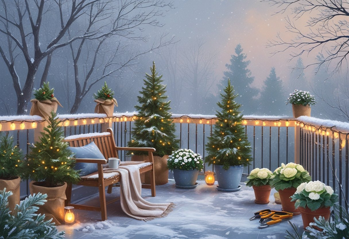 A winter balcony decorated with evergreen plants, string lights, potted flowers, a bench with a blanket and mug, gardening tools, and light snow on the floor and railings.