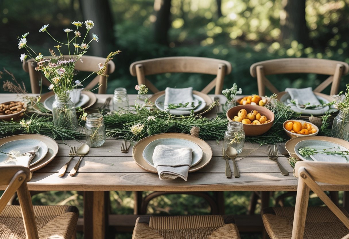 A rustic wooden table set outdoors with ceramic plates, linen napkins, wildflowers in jars, and greenery under natural light.