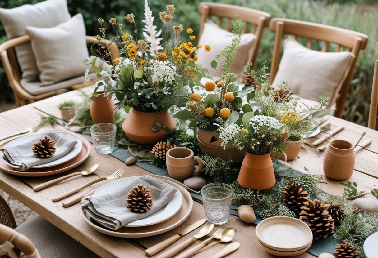 An outdoor table set with rustic wooden tableware, fresh wildflowers, greenery, and seasonal fruits, creating a warm and inviting natural dining scene.