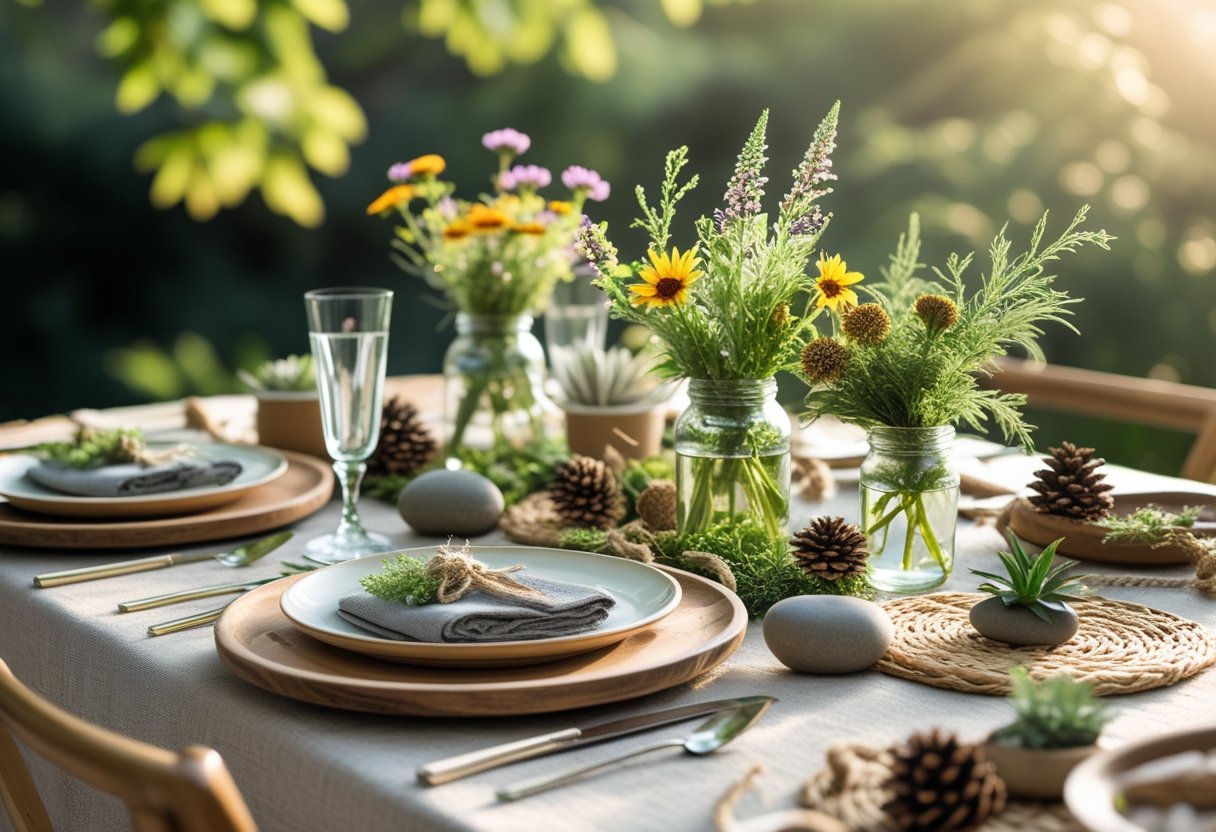 A dining table set outdoors with wooden plates, wildflower centerpieces, greenery, and natural decorative elements.