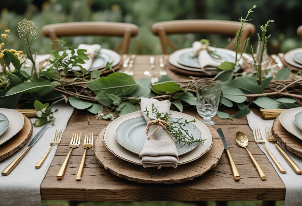 A table set outdoors with wooden surfaces, ceramic plates, linen napkins, glassware, and decorations made from leaves, flowers, and twigs.
