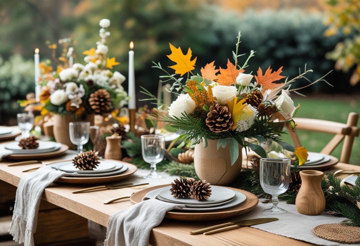 A natural outdoor table setting with rustic tableware, fresh flowers, and seasonal decorations arranged for a gathering.