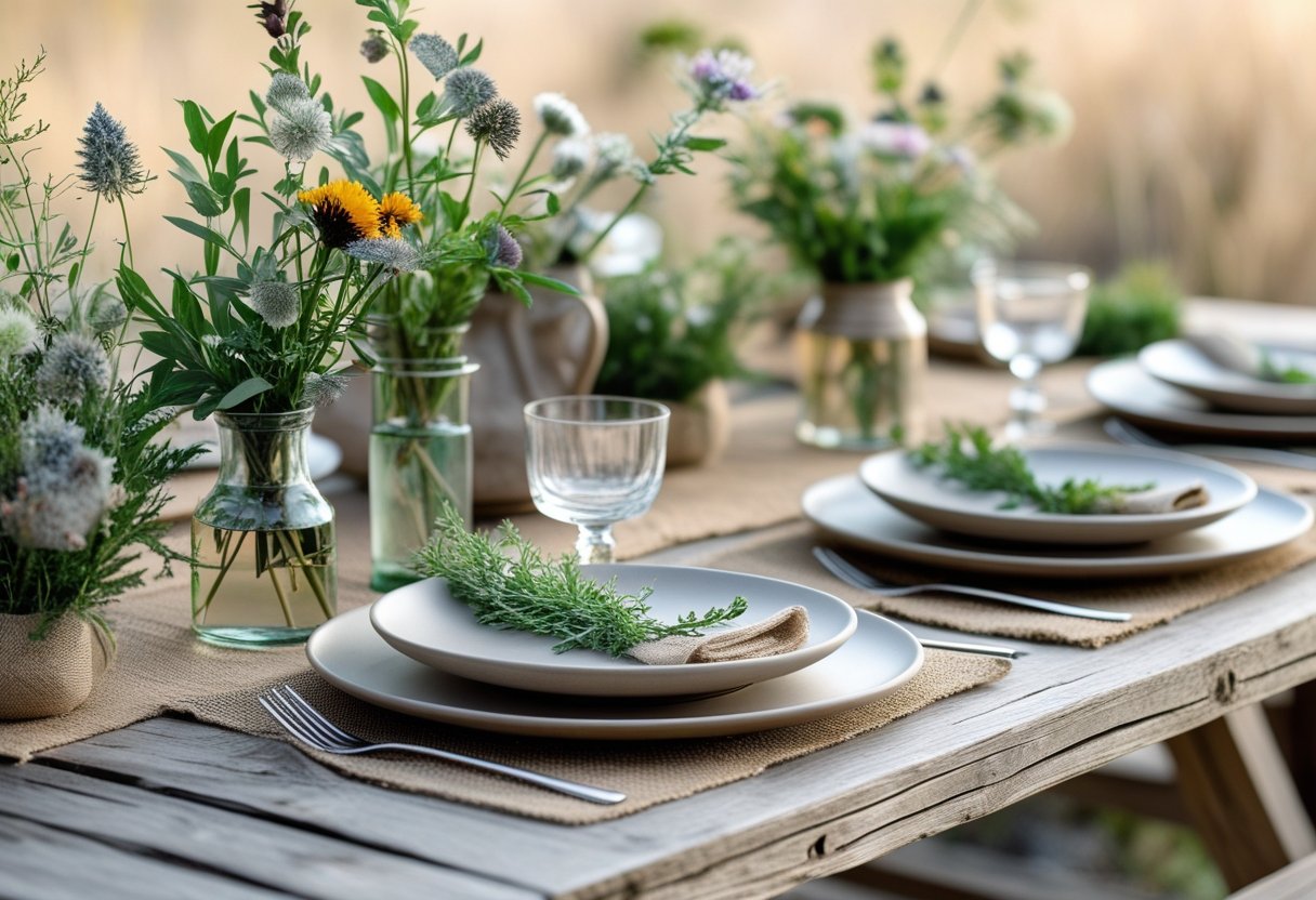 A wooden table set with plates, cutlery, glassware, and natural decorations including greenery and flowers.