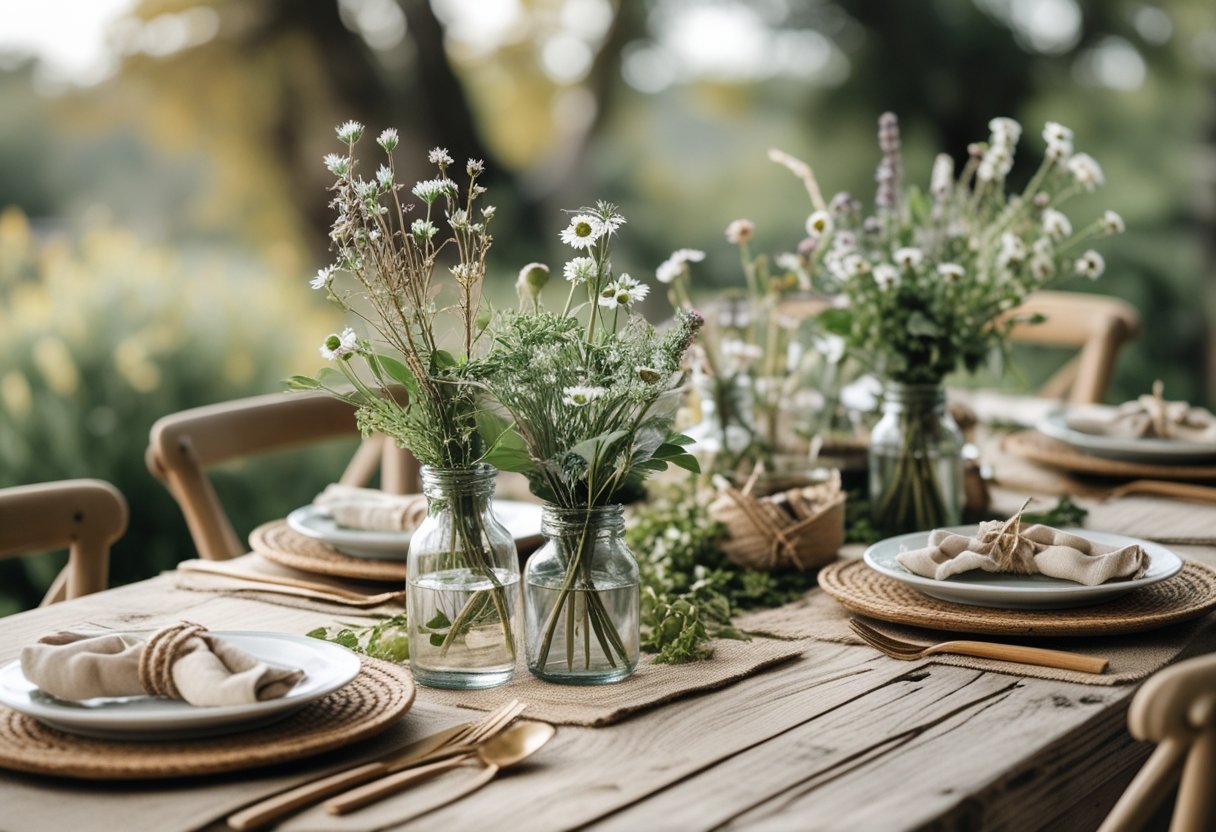 A rustic wooden table set with plates, wooden cutlery, linen napkins, wildflowers, and greenery in an outdoor garden setting.