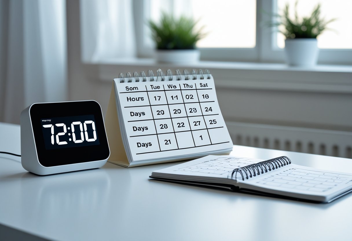 Mesa de trabalho com relógio digital mostrando 72 horas, calendário aberto em três dias consecutivos e caderno com cálculos manuscritos.