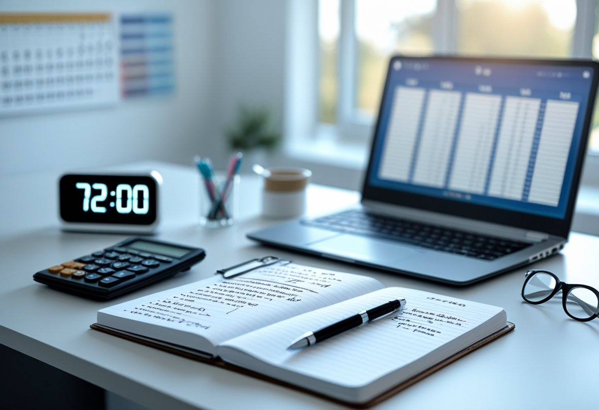 Mesa de trabalho organizada com relógio digital, caderno com anotações, calculadora e óculos, mostrando ambiente de cálculo de tempo.