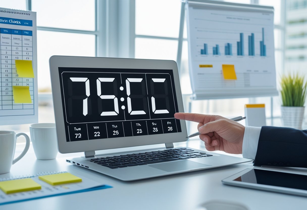 Pessoa em um ambiente de trabalho olhando para um relógio digital e um calendário, simbolizando a conversão de 72 horas em dias.