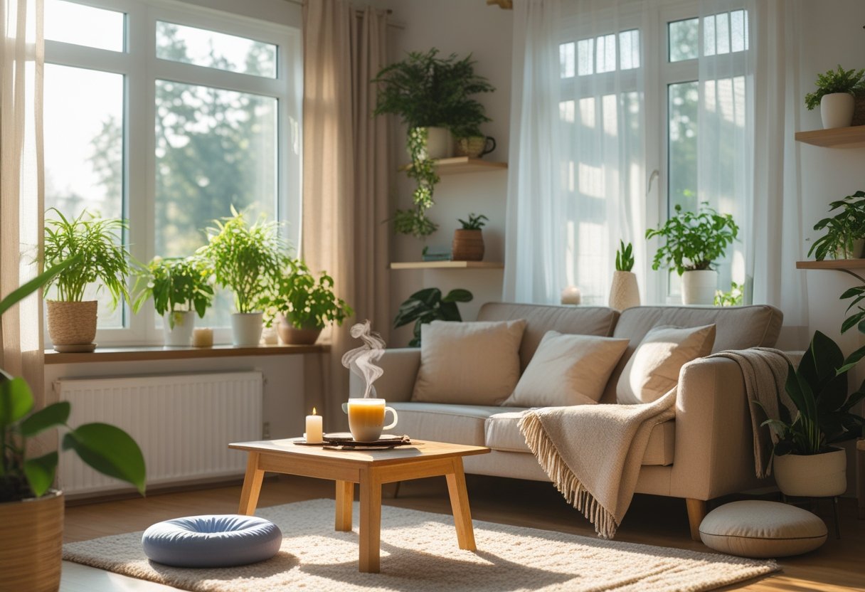 A cozy living room with a sofa, indoor plants, a coffee table with tea and a candle, and a yoga mat, creating a peaceful and relaxing environment.