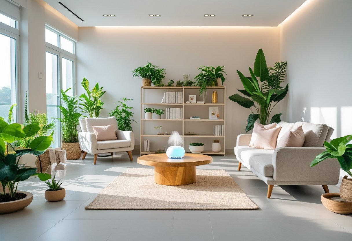 A bright living room with natural light, green plants, comfortable seating, and calming decor promoting relaxation and well-being.