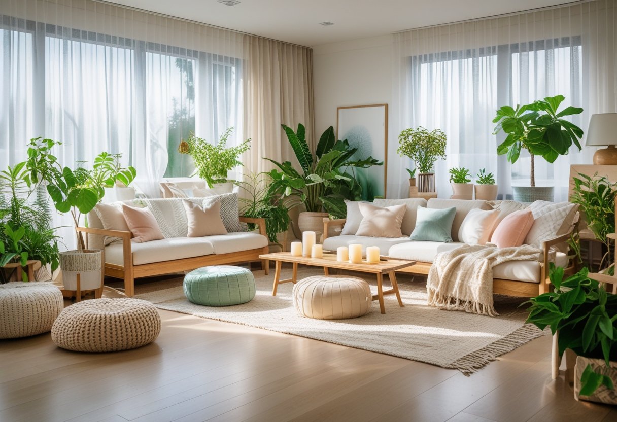 A bright living room with comfortable seating, indoor plants, wooden furniture, and calming decorative elements creating a peaceful atmosphere.