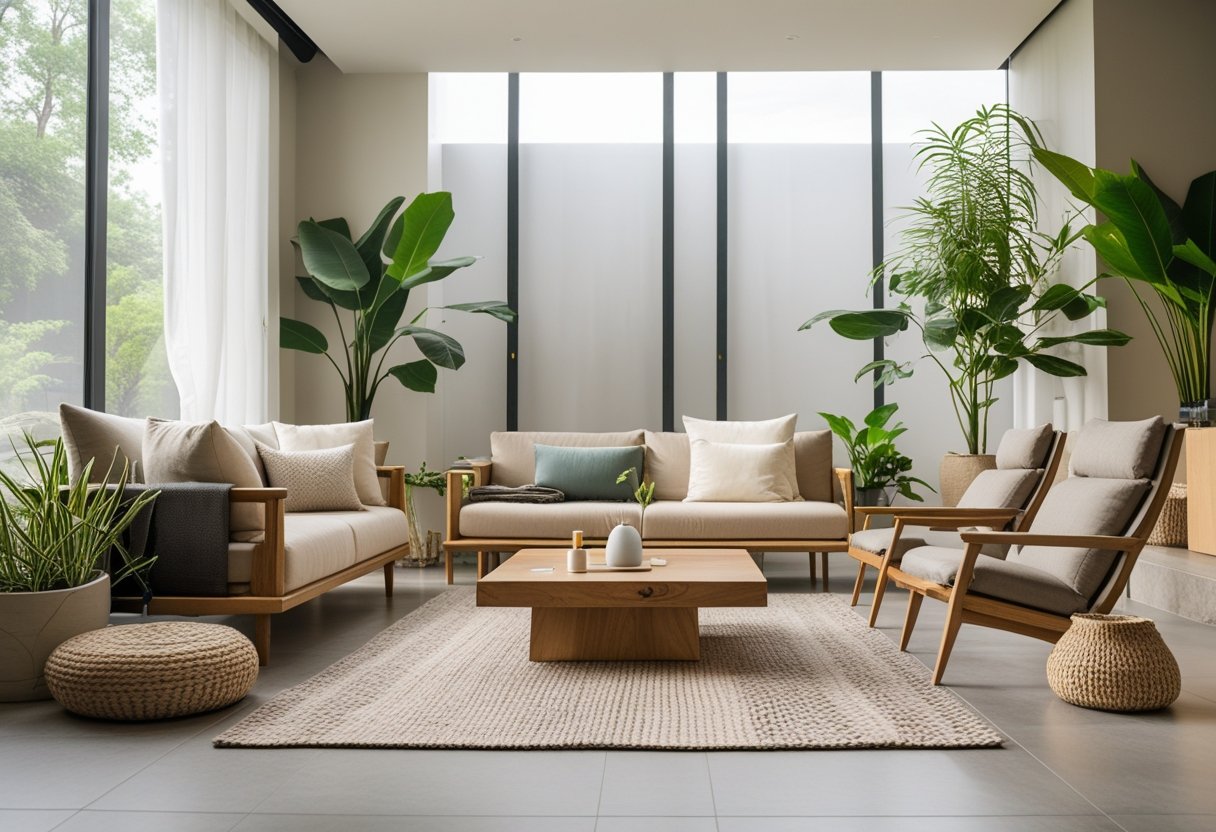 A bright living room with comfortable seating, indoor plants, and natural light creating a peaceful and relaxing atmosphere.