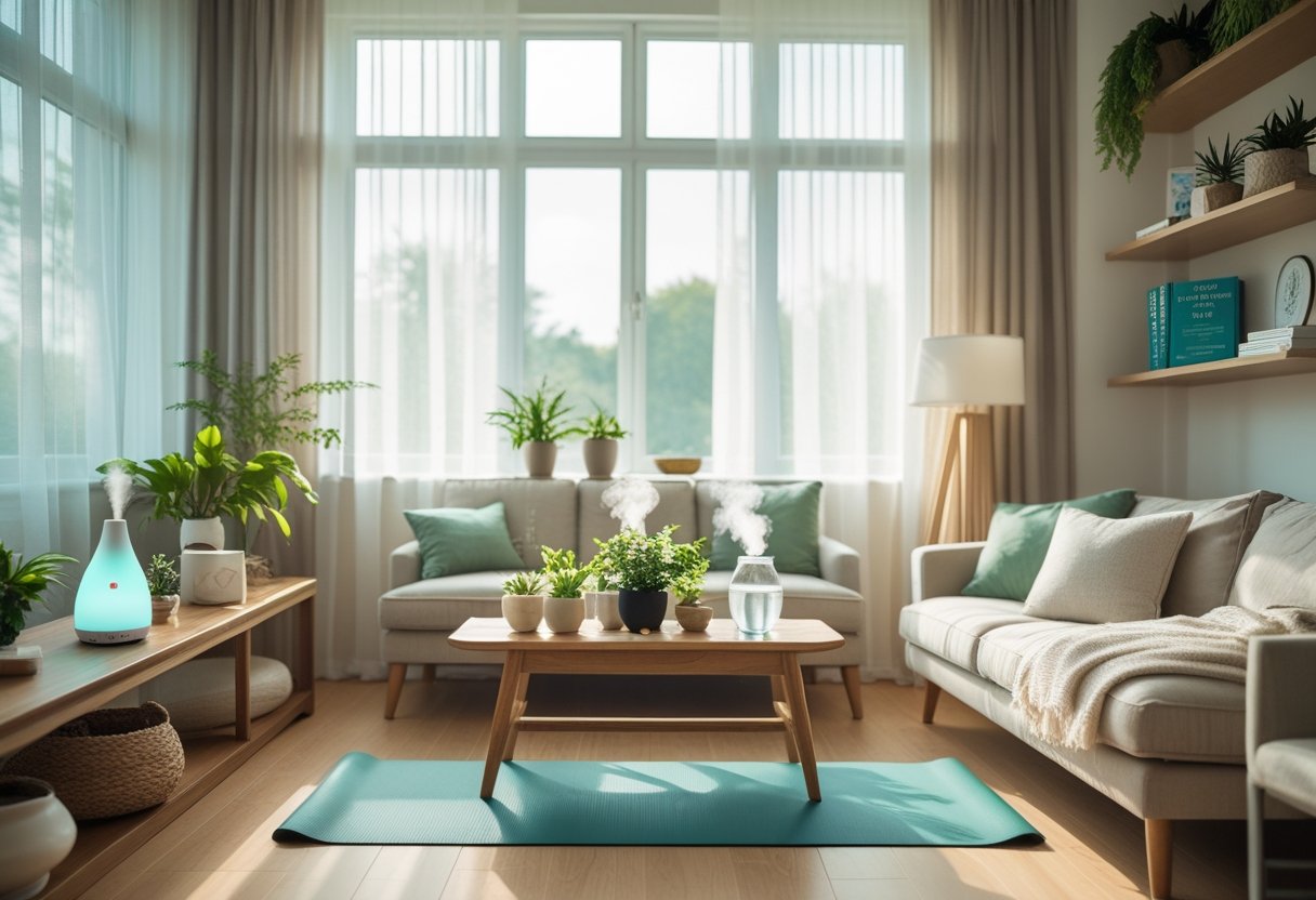 A bright living room with comfortable seating, indoor plants, a yoga mat, and wellness items arranged to create a peaceful and relaxing environment.
