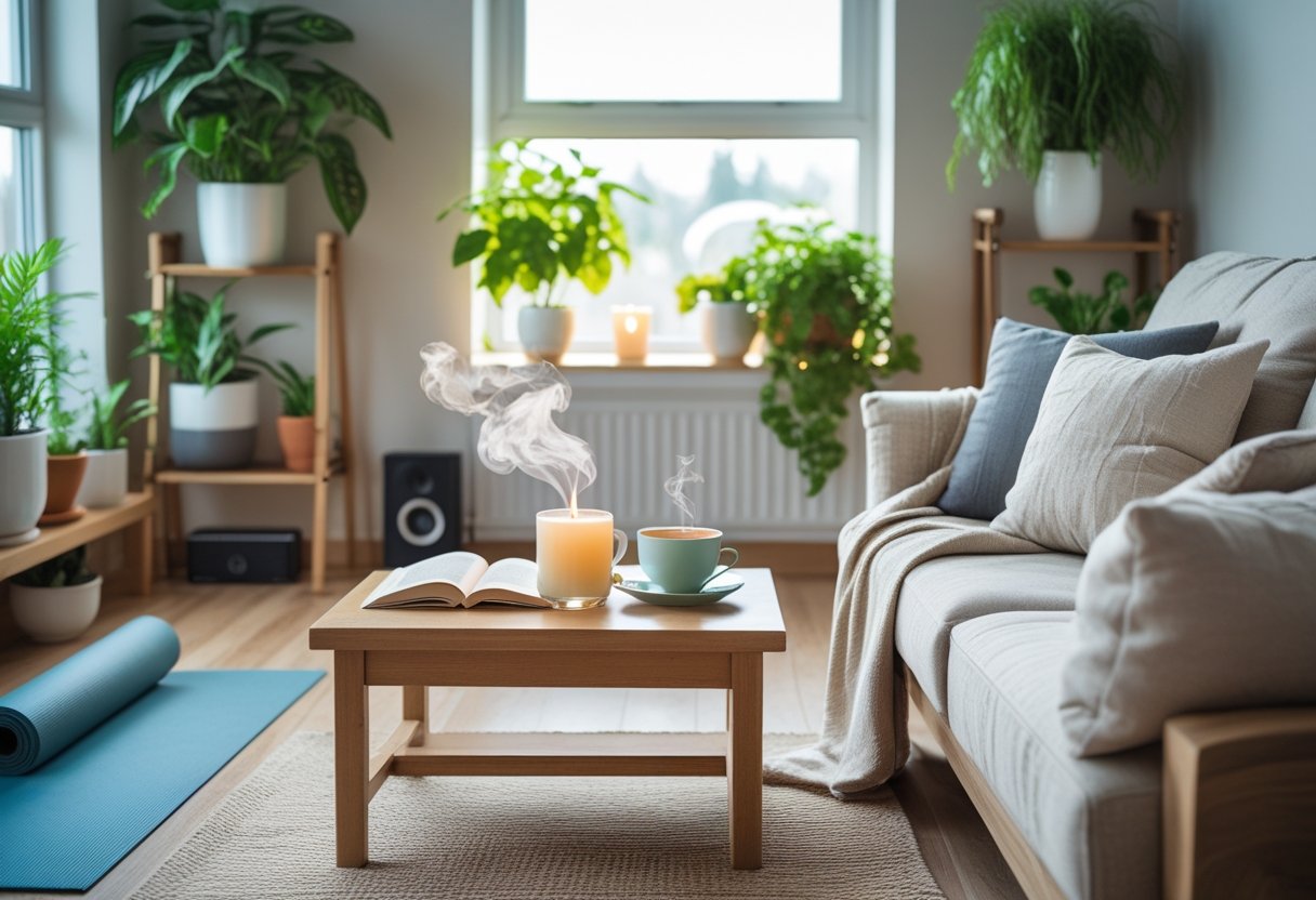A cozy living room with a sofa, houseplants, a coffee table with tea and a candle, and a yoga mat on the floor.