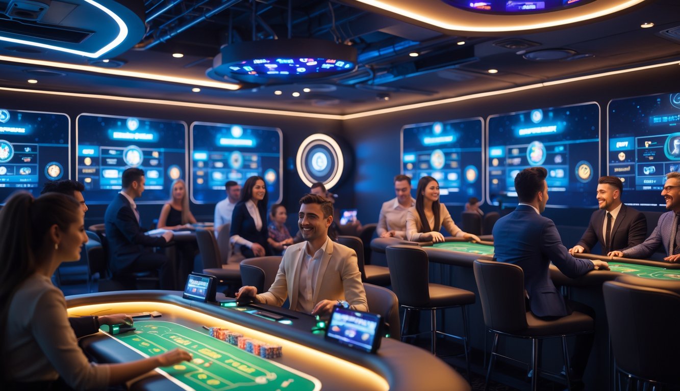 Seorang grup pemain yang antusias sedang bermain kasino online secara real-time dengan dealer langsung di layar komputer dalam ruangan modern.