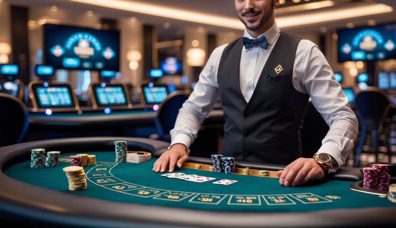 Meja permainan kasino langsung dengan dealer yang mengenakan pakaian formal, kartu dan chip tertata rapi, serta latar belakang kasino modern.
