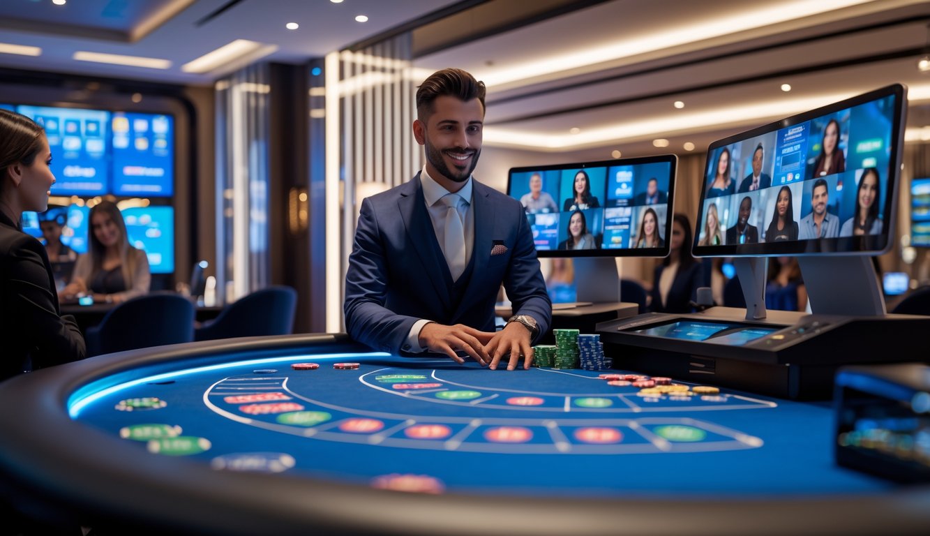 Seorang dealer profesional sedang memimpin permainan kasino langsung online dengan beberapa pemain terlihat melalui layar video.