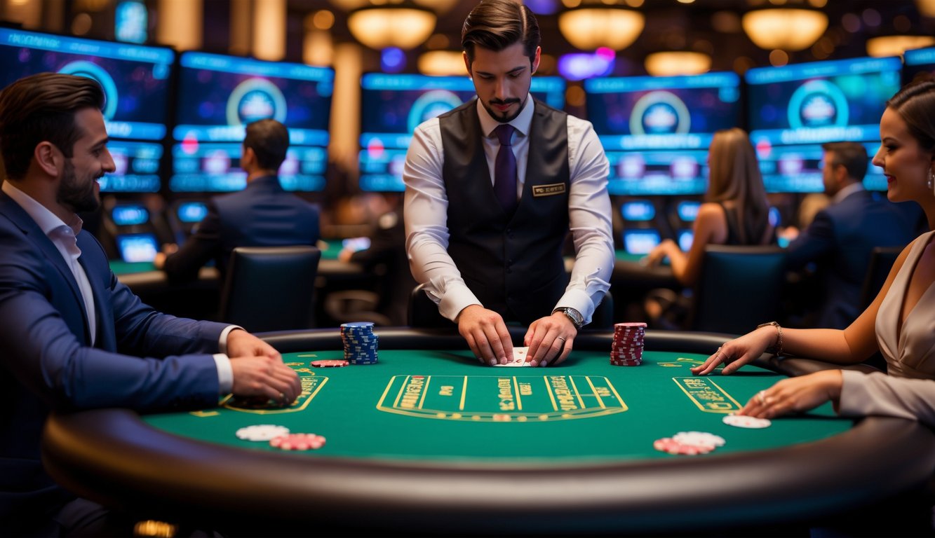 Meja kasino dengan dealer dan pemain yang sedang bermain kartu dalam suasana kasino online yang hidup dan jelas.