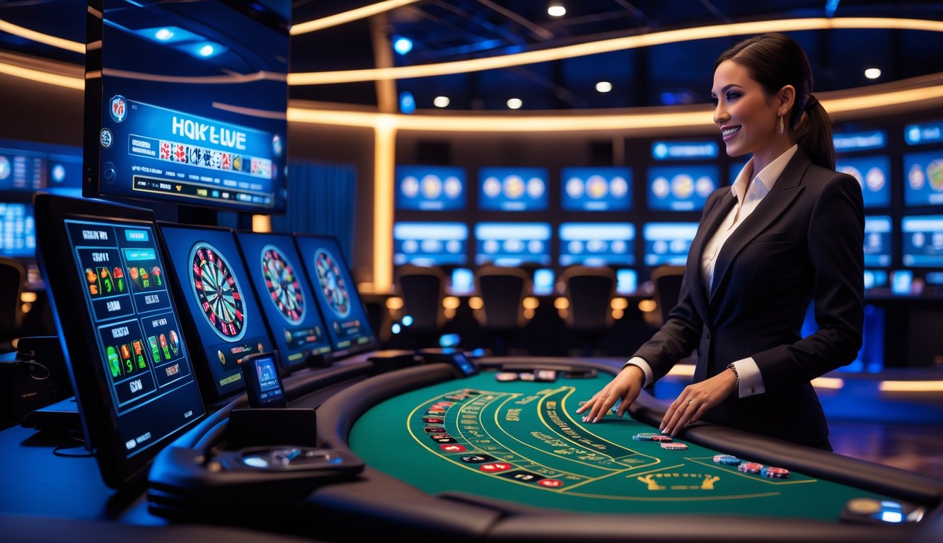 Seorang dealer wanita di studio kasino modern dengan layar besar menampilkan permainan kartu dan roulette secara langsung.