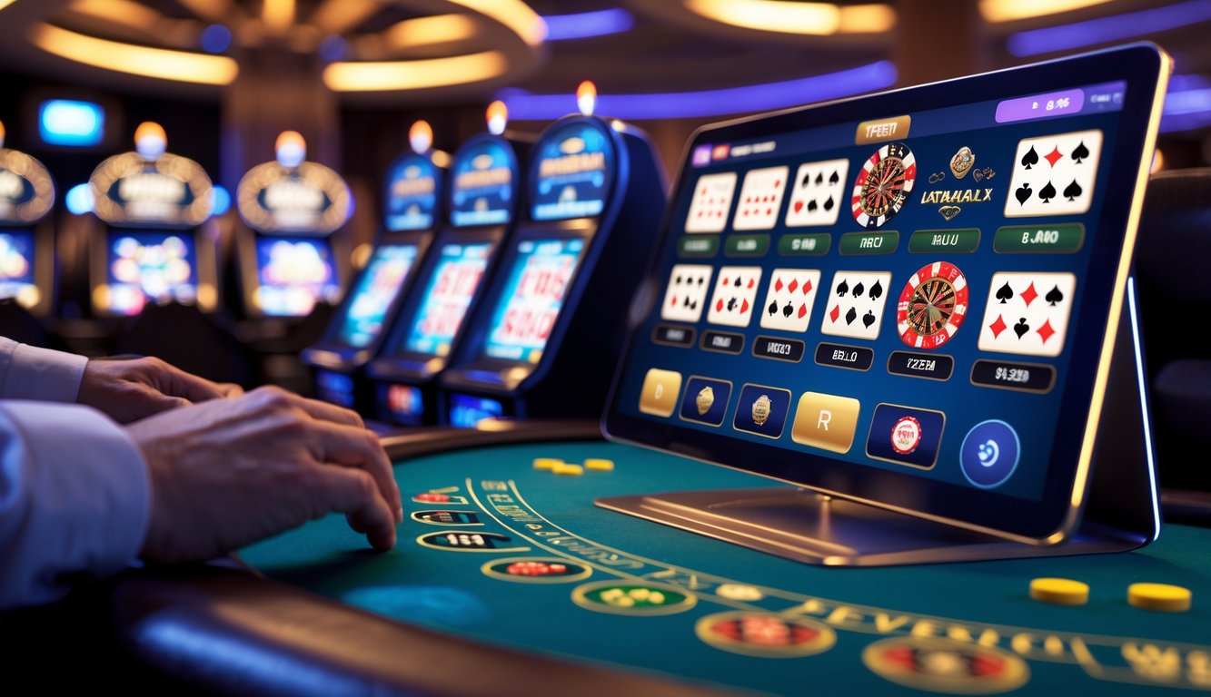 Layar komputer menampilkan beberapa meja permainan kasino langsung dengan suasana yang modern dan menarik.