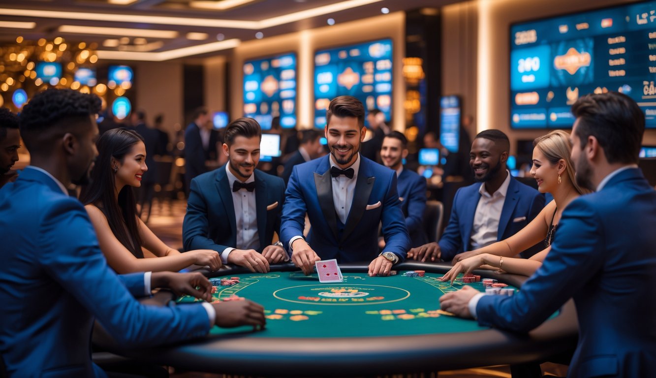 Beberapa pemain berpakaian rapi duduk di meja permainan kasino langsung dengan dealer yang sedang membagikan kartu di sebuah ruangan kasino modern.