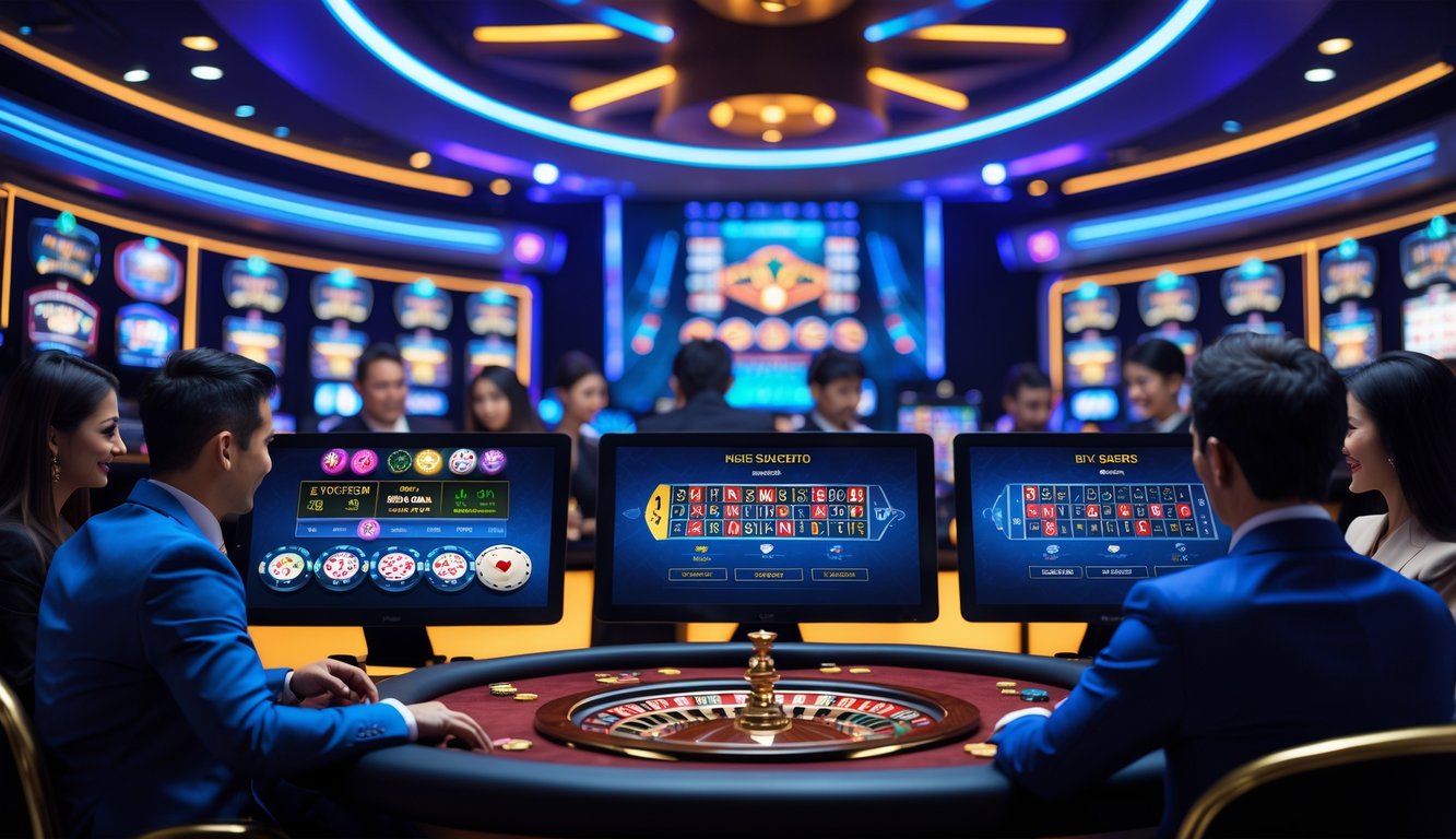 Orang-orang bermain permainan kasino langsung secara online dengan layar dan suasana kasino digital yang modern dan cerah.