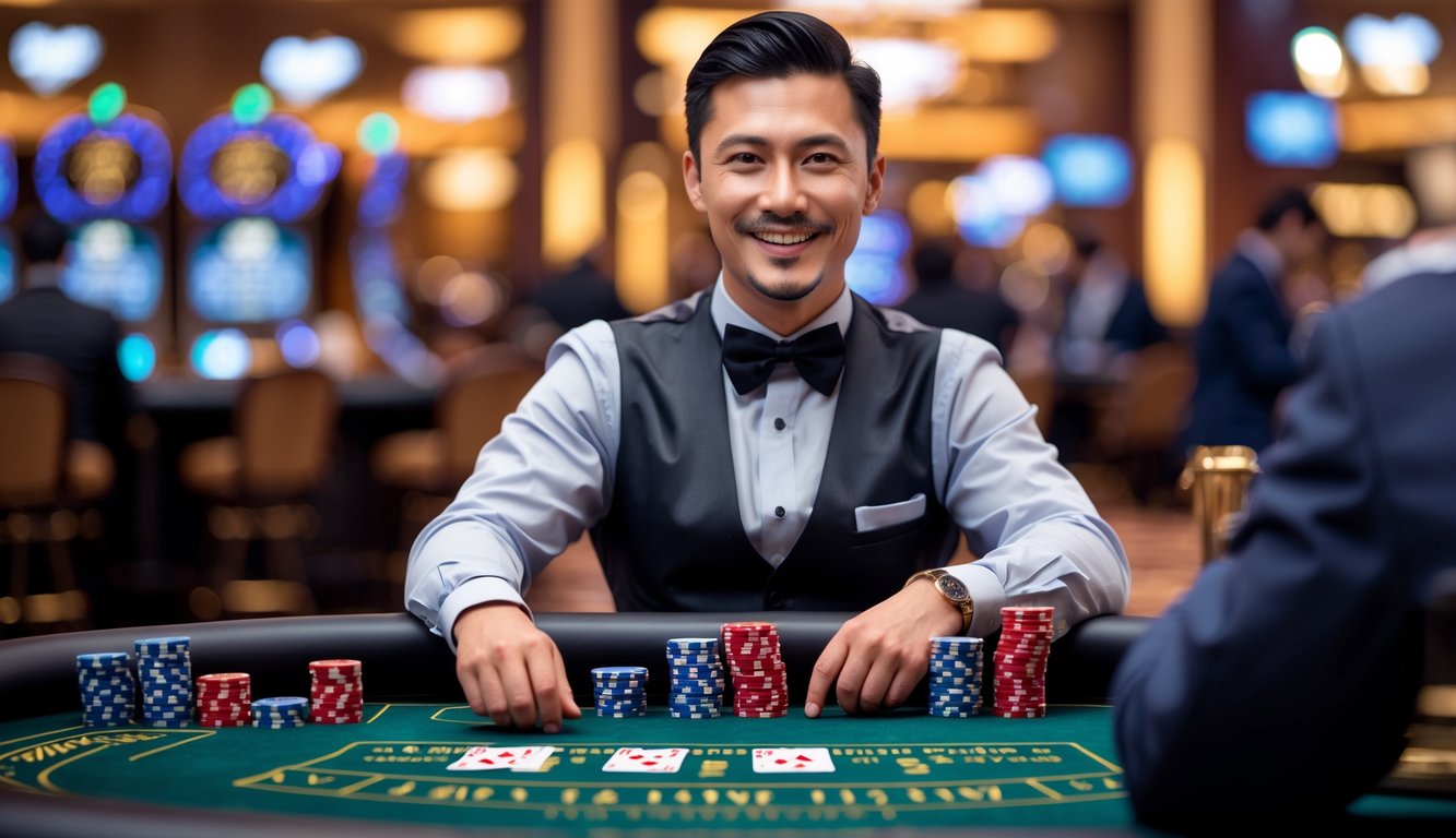 Suasana meja kasino nyata dengan dealer profesional mengenakan pakaian formal di depan meja hijau dengan kartu dan chip poker.