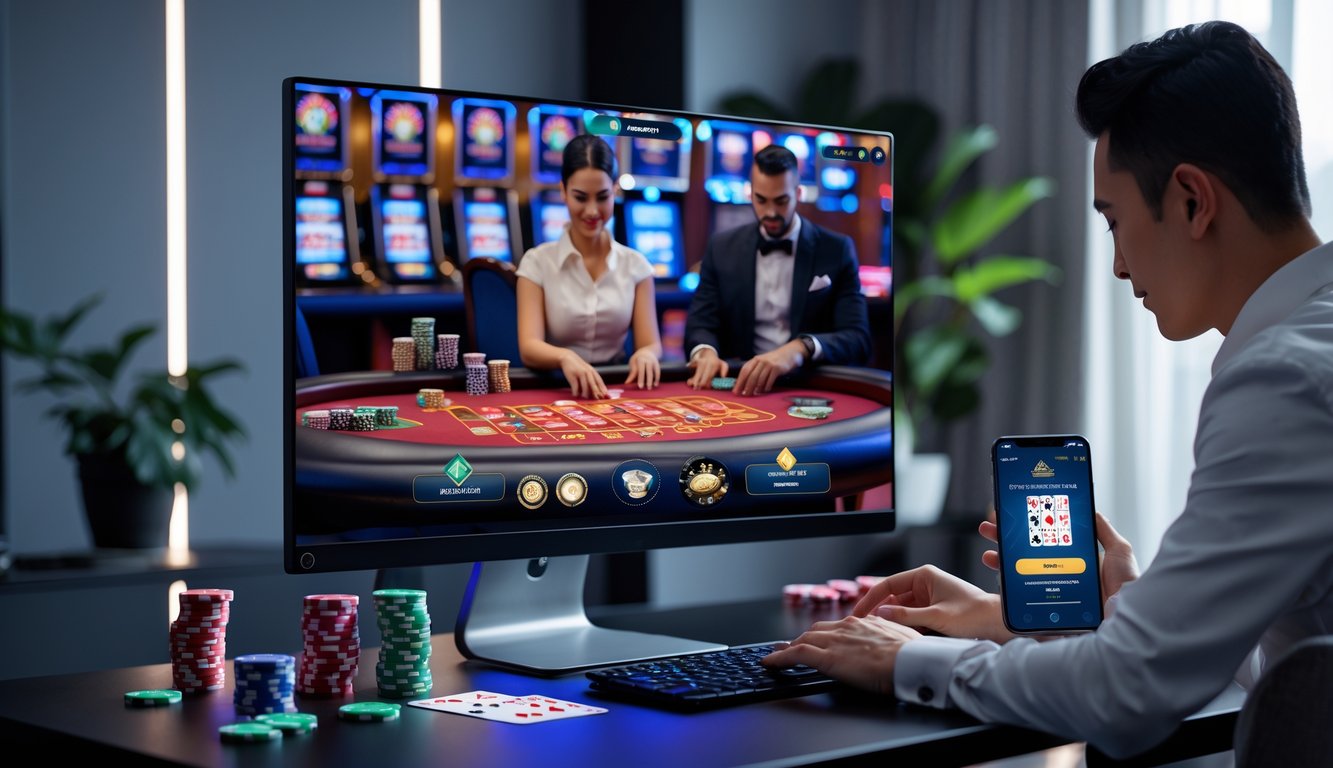 Seseorang bermain permainan kasino langsung secara online di depan komputer dengan dealer kasino nyata di layar.