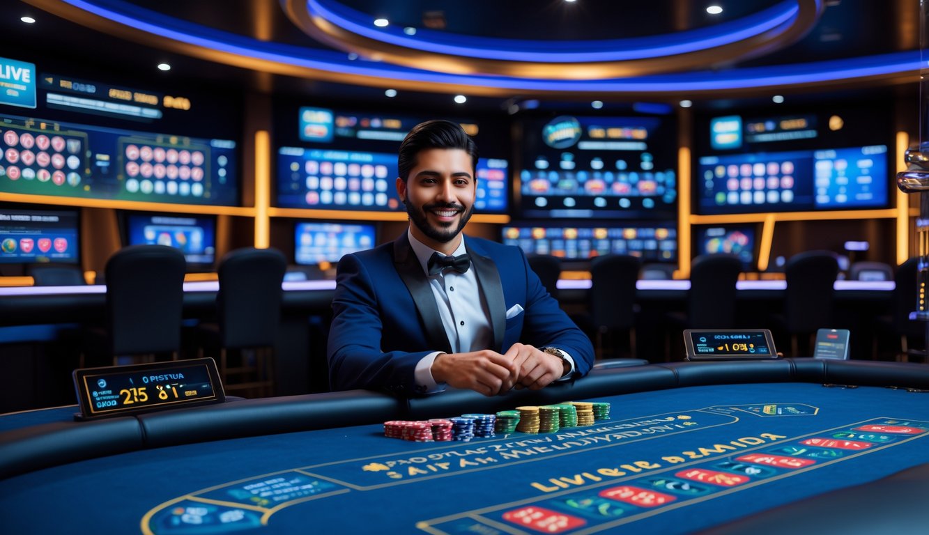Suasana studio kasino online dengan dealer dan layar permainan kartu secara langsung.
