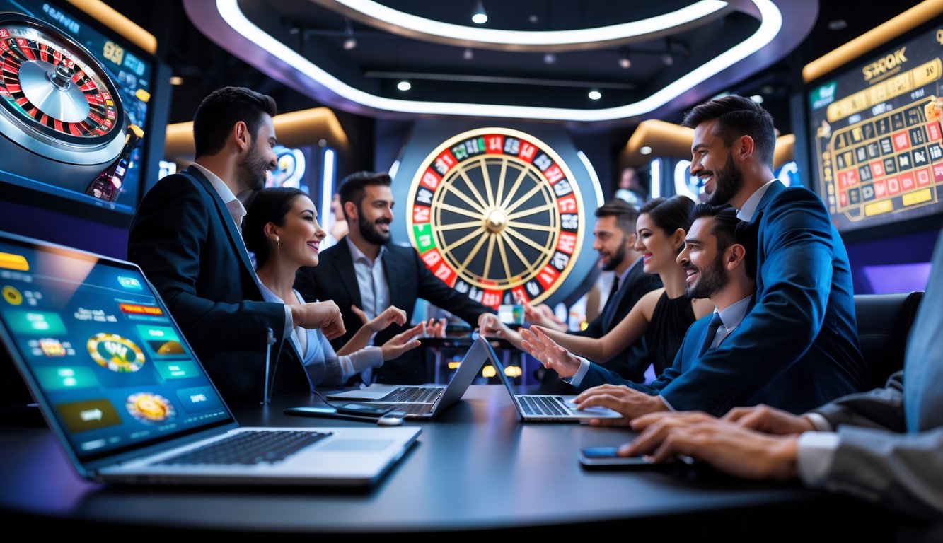 Orang-orang bermain permainan kasino online interaktif dengan perangkat digital di studio permainan modern.