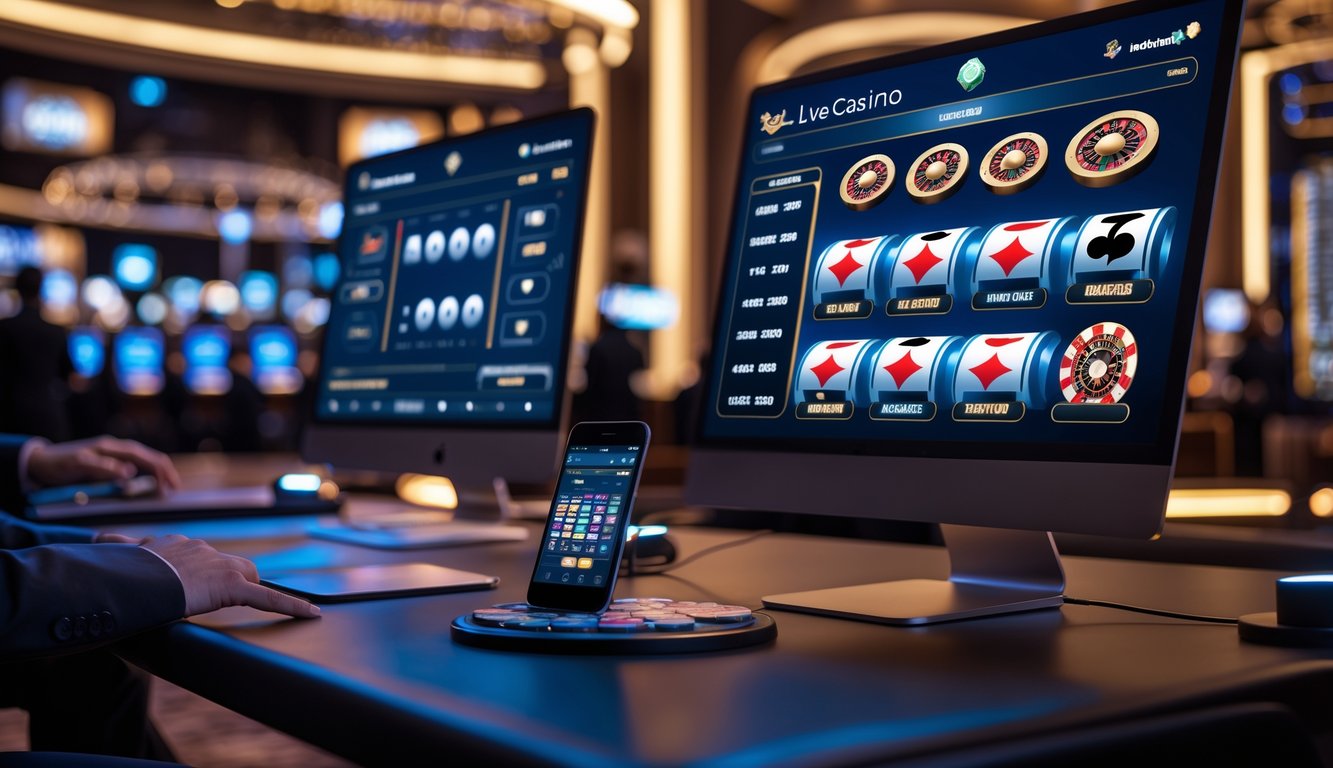 Sebuah layar komputer dan ponsel menampilkan berbagai permainan kasino langsung dengan dealer yang sedang bermain di lingkungan kasino modern.