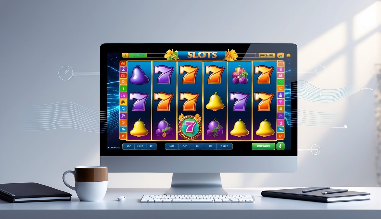 Seorang pemain sedang menggunakan laptop dengan permainan slot online yang menampilkan gulungan berputar dan simbol klasik di layar.