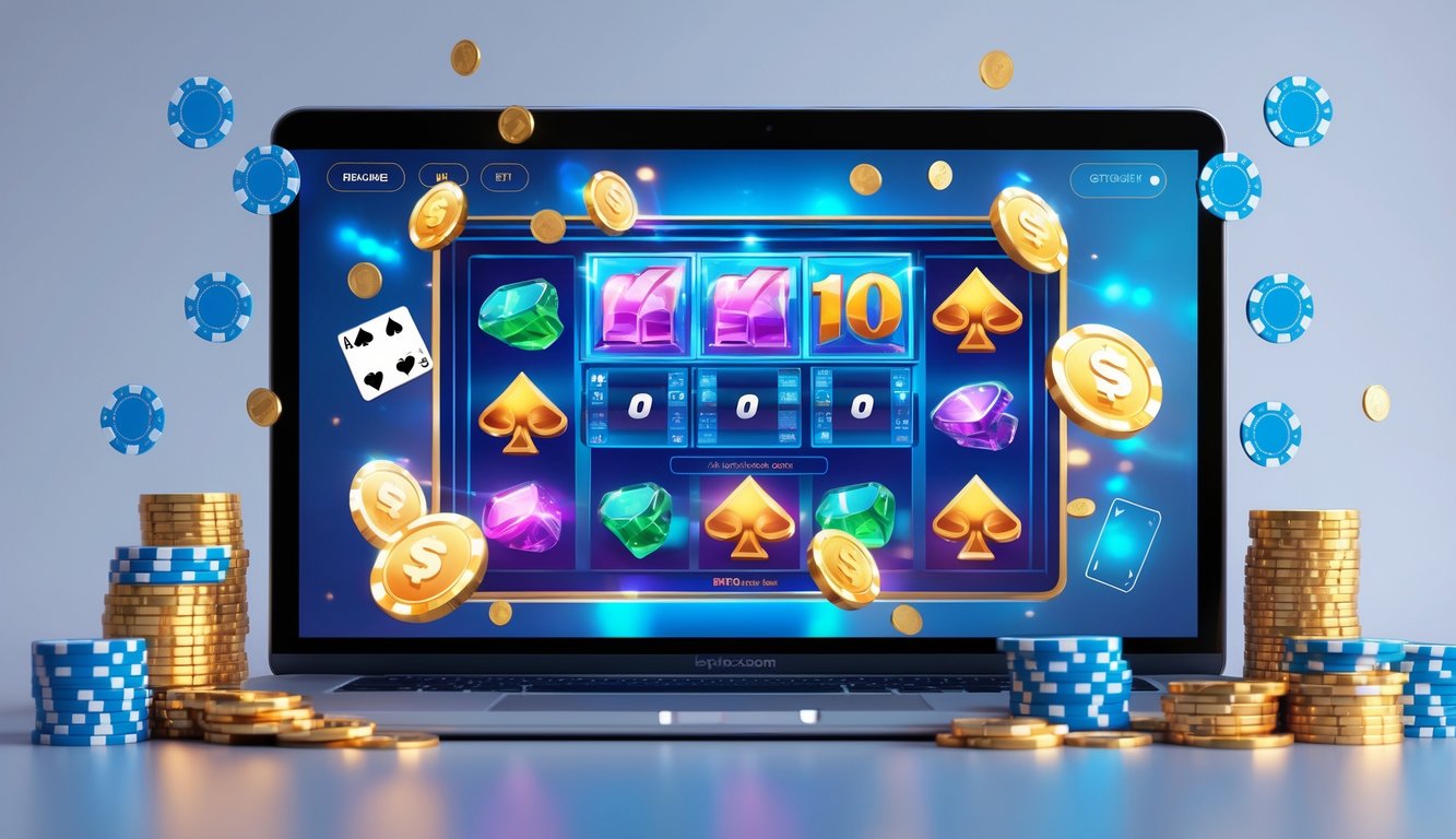 Layar komputer menampilkan permainan slot online dengan simbol warna-warni dan elemen permainan seperti chip poker dan kartu di sekitarnya.