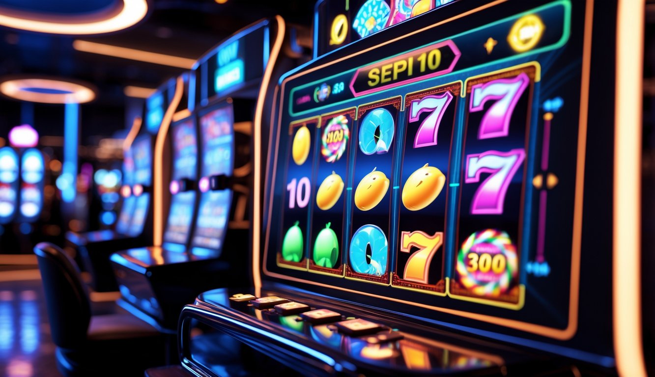 Tampilan mesin slot online modern dengan grafik warna-warni dan latar belakang kasino futuristik.