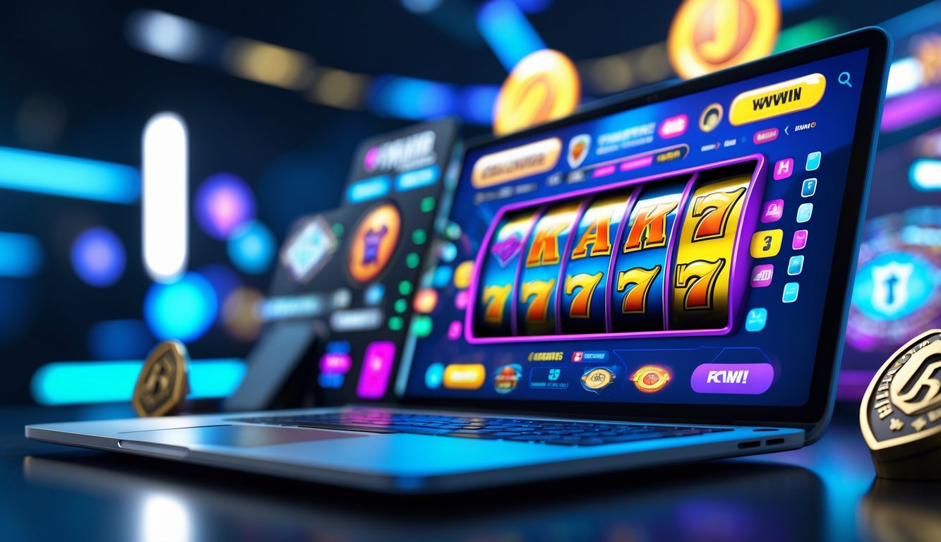 Layar komputer menampilkan permainan slot online dengan gulungan berputar dan simbol keamanan di sekitarnya.