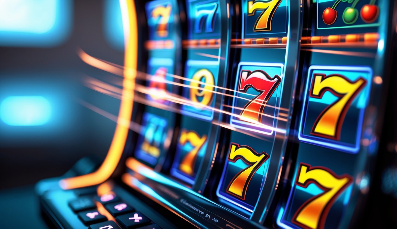 Layar perangkat menampilkan mesin slot digital dengan gulungan berputar cepat di lingkungan yang nyaman dan terang.