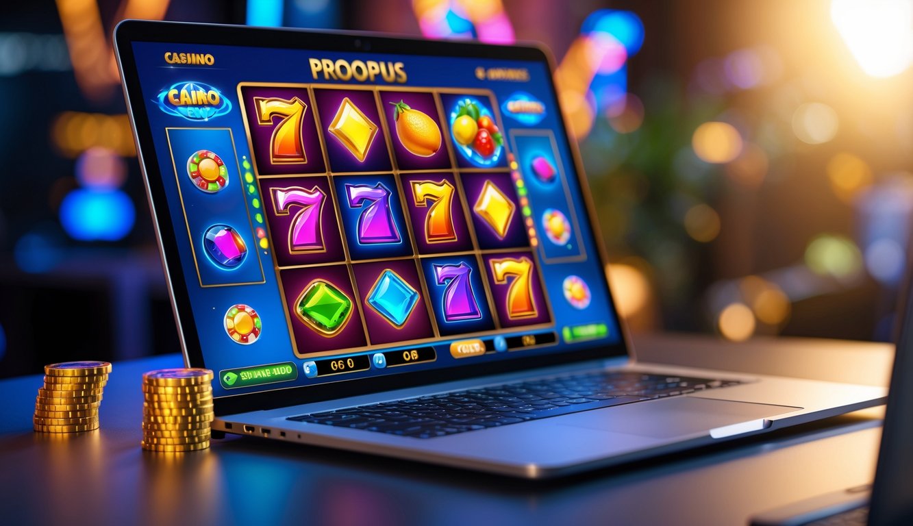 Layar komputer menampilkan permainan slot online berwarna-warni dengan simbol buah dan permata dalam suasana kasino modern.