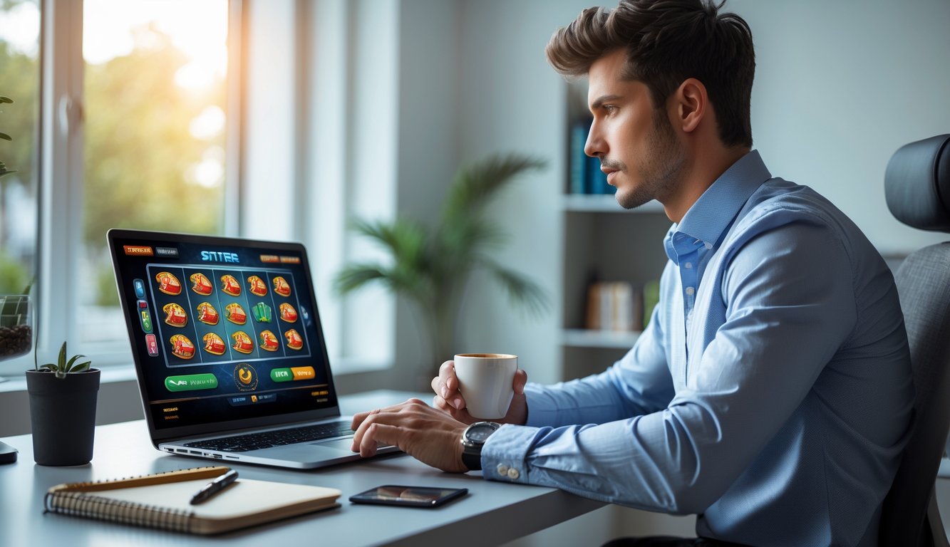 Seorang pria muda duduk di meja modern menggunakan laptop untuk bermain slot online dengan fokus di ruang kerja yang terang dan rapi.