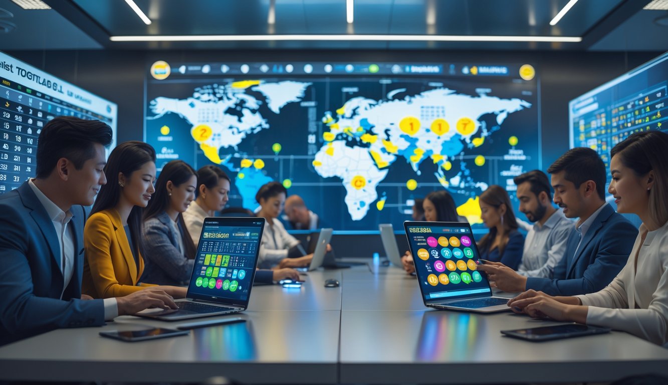 Orang-orang menggunakan perangkat digital untuk bermain togel online dengan peta dunia dan grafik di latar belakang.