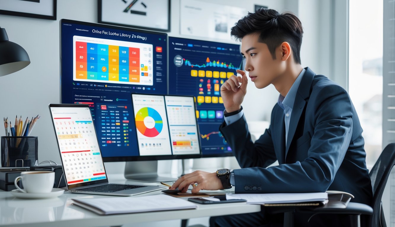 Seorang pemain muda duduk di meja kerja dengan beberapa layar digital yang menampilkan grafik dan data analisis togel online, berada di ruang kerja modern yang terang dan rapi.