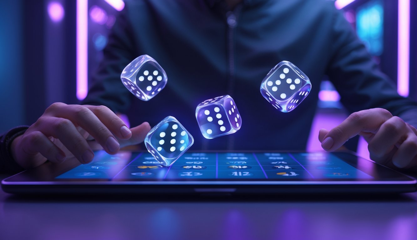 Seseorang menggunakan laptop dengan animasi dadu Sic Bo yang sedang bergulir secara real-time di layar.