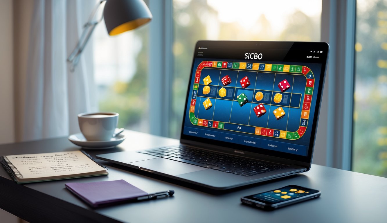 Meja kerja dengan laptop yang menampilkan permainan Sicbo online, buku catatan dengan tulisan tangan, pena, kopi, dan ponsel di sampingnya.