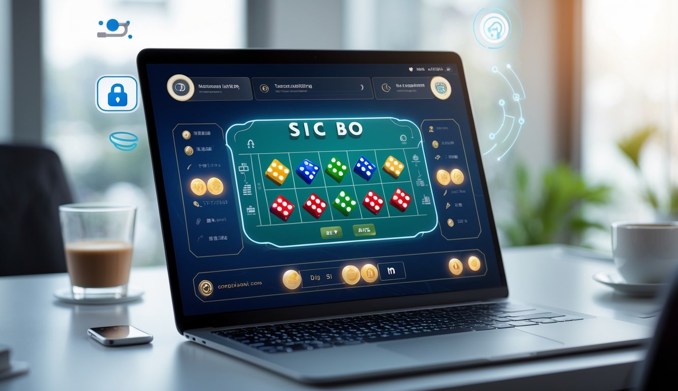Sebuah meja dadu Sic Bo virtual yang ditampilkan di layar laptop dengan suasana ruang kerja modern dan pencahayaan lembut.