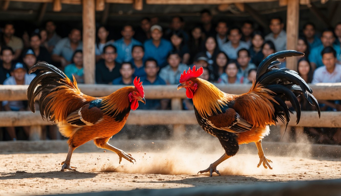 Suasana arena sabung ayam dengan dua ayam jago sedang bertarung dan penonton yang antusias menyaksikan.