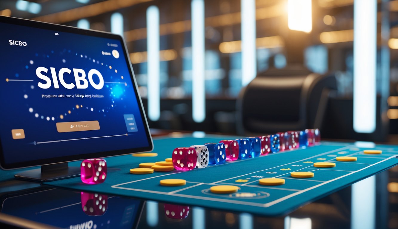 Tampilan meja permainan Sicbo online dengan dadu dan chip di layar digital yang modern dan rapi.