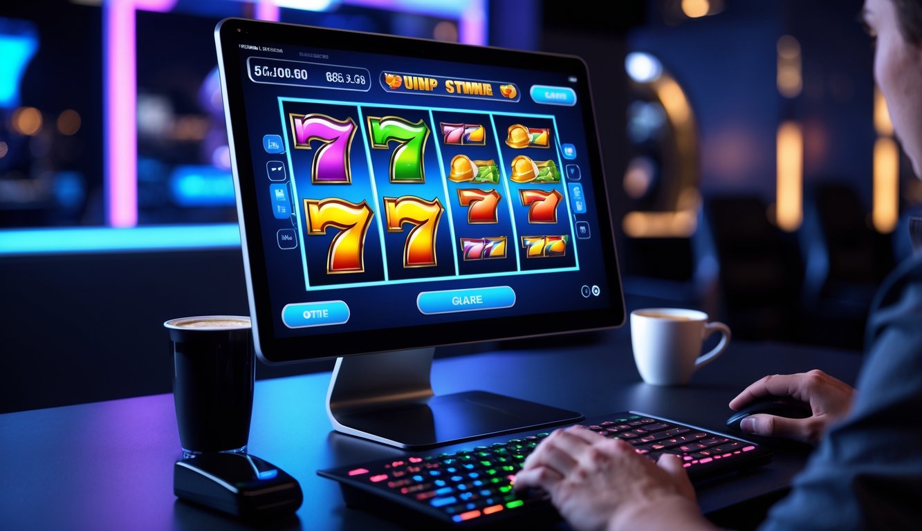 Layar komputer menampilkan mesin slot online dengan grafik warna-warni yang jelas, di ruangan bermain yang nyaman dengan tangan pemain di keyboard dan mouse.