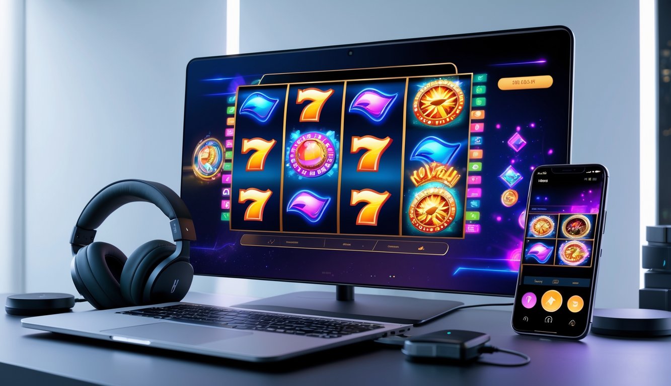 Sebuah layar komputer menampilkan permainan slot online dengan simbol berwarna cerah dan efek animasi, dikelilingi oleh aksesori gaming di meja yang bersih dan modern.