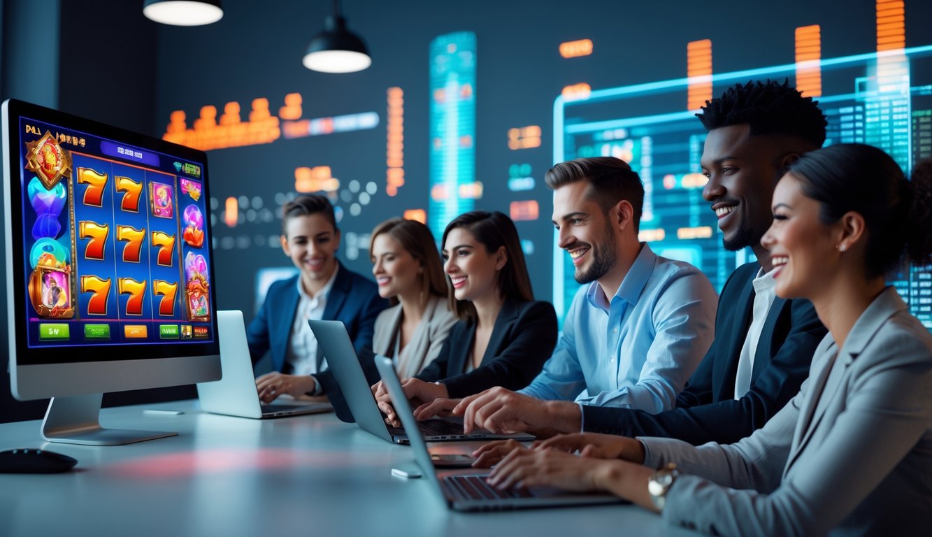 Beberapa orang muda sedang bermain game slot online di komputer dan ponsel di ruang kerja modern yang terang dan rapi.
