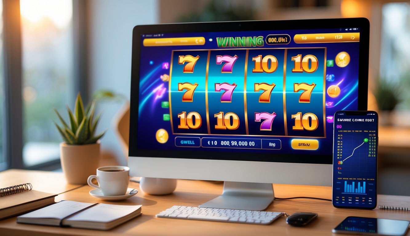 Seorang pengguna sedang bermain mesin slot online di komputer di ruang kerja rumah dengan suasana yang nyaman dan fokus.
