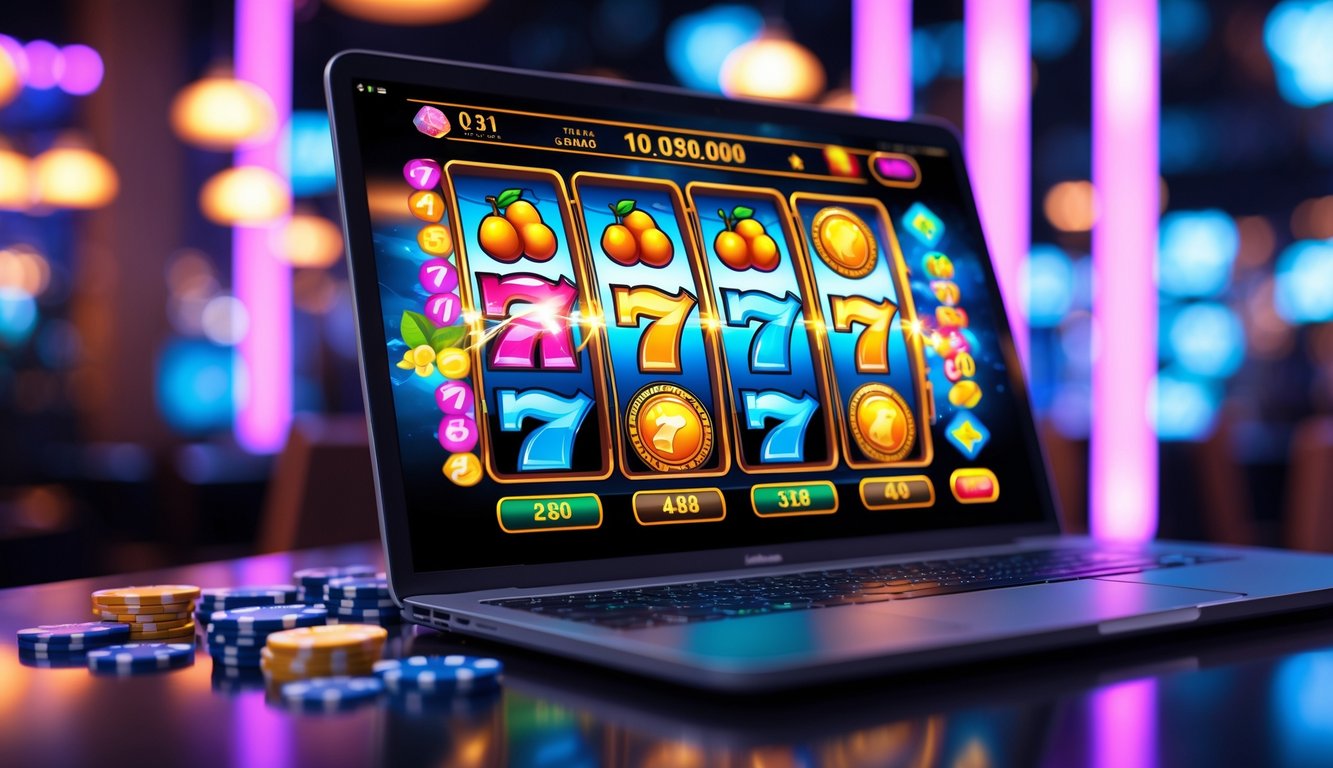 Sebuah layar komputer menampilkan permainan slot online berwarna cerah dengan simbol buah dan koin emas dalam suasana lounge permainan modern.