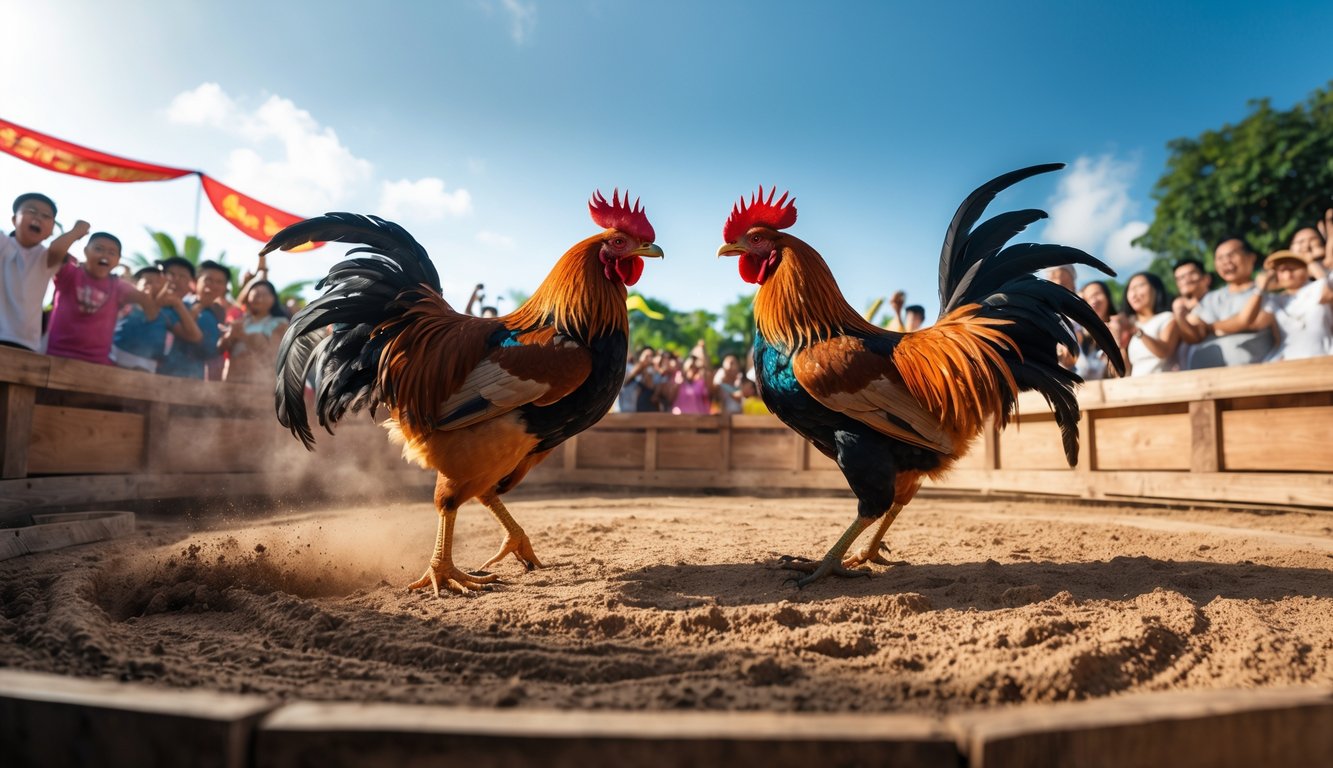 Arena sabung ayam dengan dua ayam jago bertarung di tengah, dikelilingi oleh penonton yang antusias di luar ruangan pada siang hari.